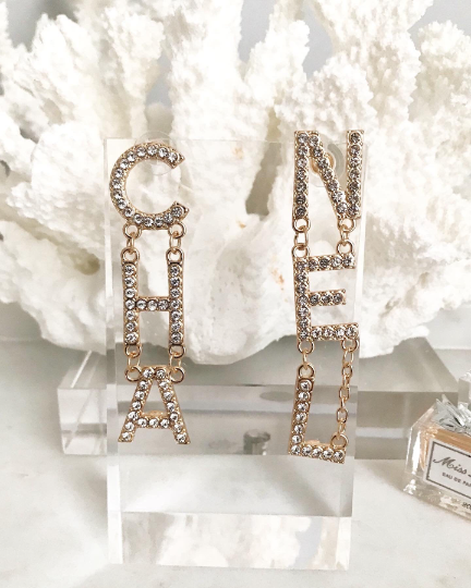 Gold Plated Classic Crystal Letters Drop Style Earrings 1.2x6.8cm