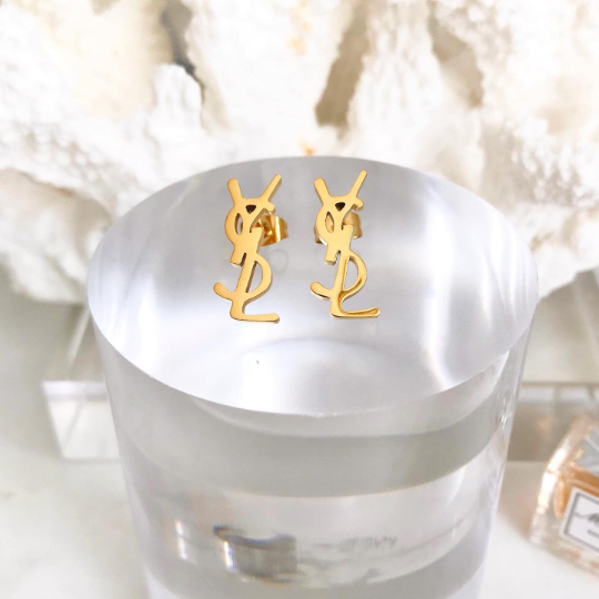 18CT Gold Stainless Steel YVES Stud Earrings 0.7x1.9cm