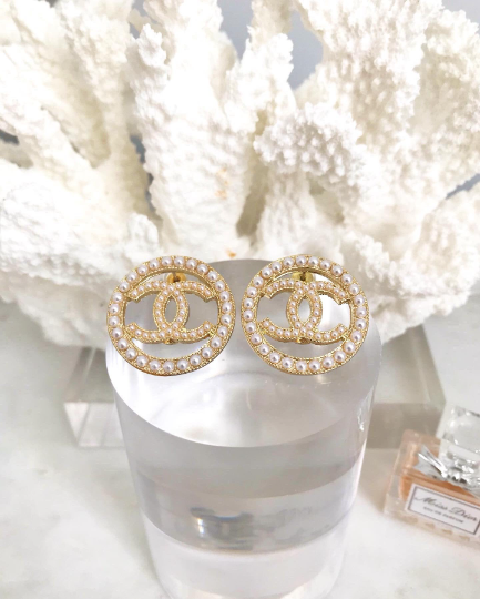 Large Gold Plated Round Classic Vintage Pearl Stud Earrings with stamp 2.7x2.7cm