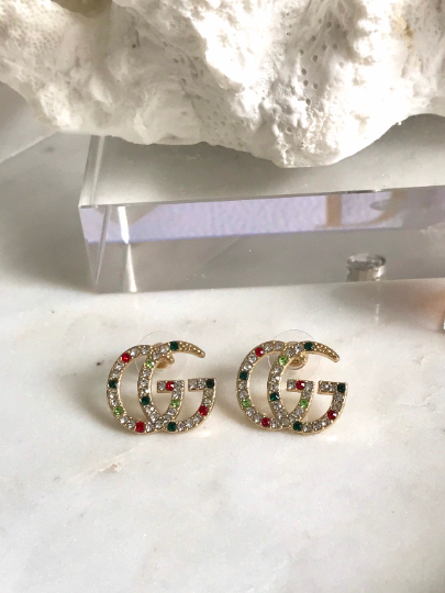 Gold Earrings with Multicoloured Crystals 1.6x2cm