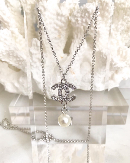 Silver Plated Classic Crystal Pendant Pearl Drop Necklace