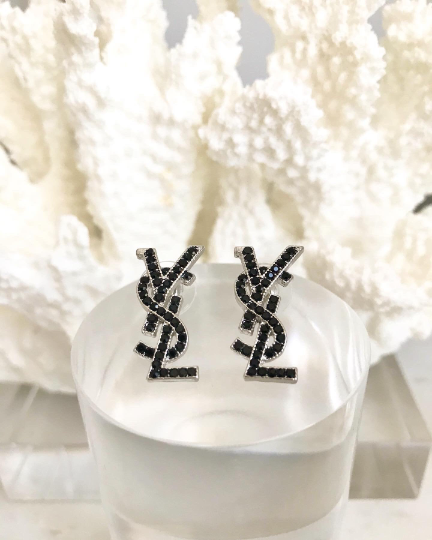 SALE* Black Studded Crystal Gems YVES Stud Earrings 1.1x2.2cm