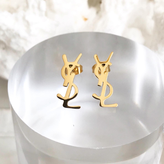 18CT Gold Stainless Steel YVES Stud Earrings 0.7x1.9cm