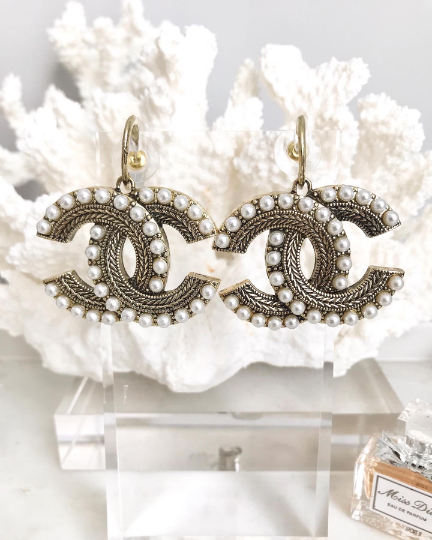 Extra Large Classic Light Aged Gold Tone with Pearls Dangle Earrings made from Quality Surgical Steel