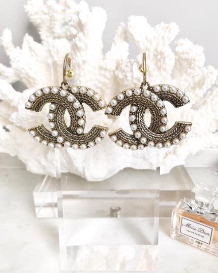 Extra Large Classic Light Aged Gold Tone with Pearls Dangle Earrings made from Quality Surgical Steel