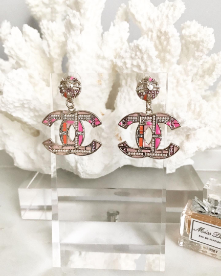 Crystal &amp; Pearl Pink Tweed Drop Earrings 3x4cm