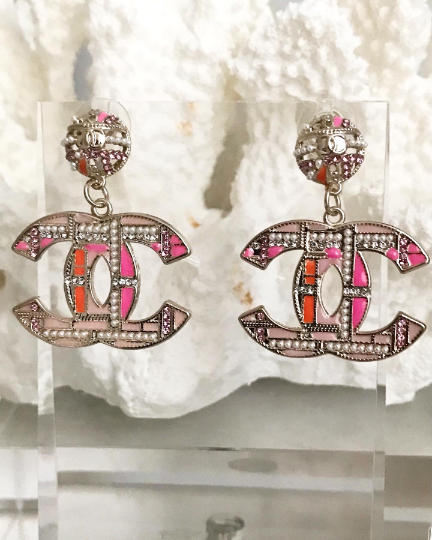 Crystal &amp; Pearl Pink Tweed Drop Earrings 3x4cm