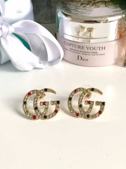 Gold Earrings with Multicoloured Crystals 1.6x2cm