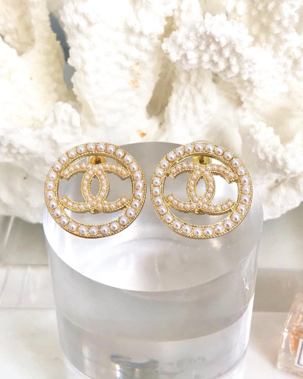 Large Gold Plated Round Classic Vintage Pearl Stud Earrings with stamp 2.7x2.7cm