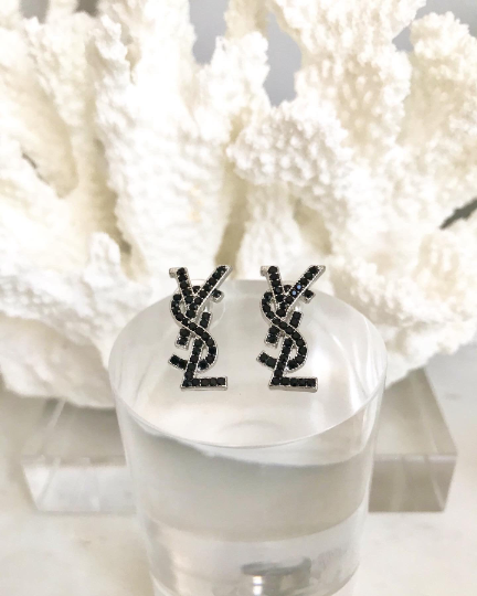 SALE* Black Studded Crystal Gems YVES Stud Earrings 1.1x2.2cm
