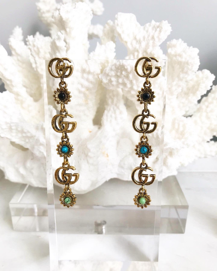 Aged Gold Tone G Drop Earrings 1.1x7.3cm