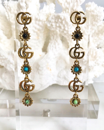 Aged Gold Tone G Drop Earrings 1.1x7.3cm