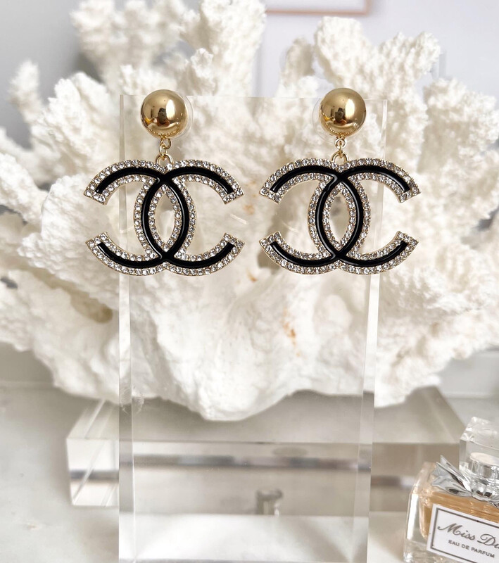 
18CT Gold 925 Sterling Zirconia &amp; Black Enamel Dangle Drop Earrings 2.8x3.5cm