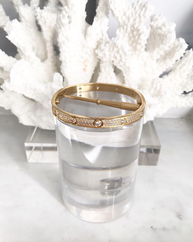High Quality Premium 18CT Gold Titanium Steel Hand Encrusted Cubic Zirconia &amp; Diamond Stones Love Bangles in 16mm &amp; 18mm