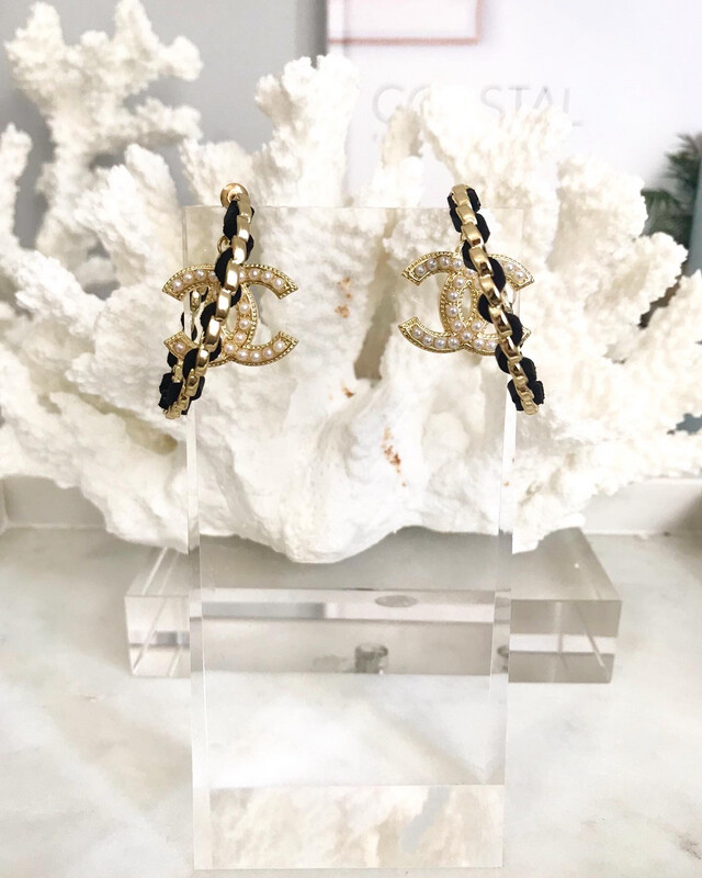 Pearl &amp; Crystal Gold &amp; Black Woven Classic Hoop Dangle Earrings