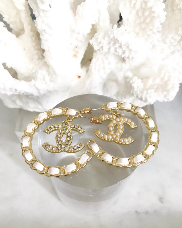 Pearl &amp; Crystal Gold &amp; White Woven Classic Hoop Dangle Earrings