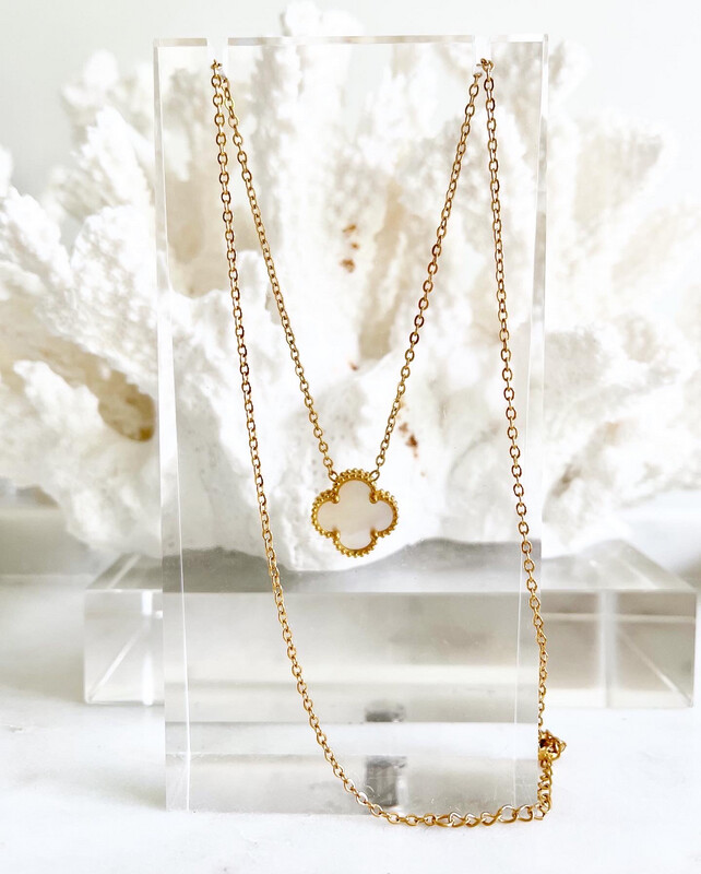High Quality 18CT Gold Stainless Steel Arpels Real White Pearlescent Shell Clover Necklace (size adjustable)