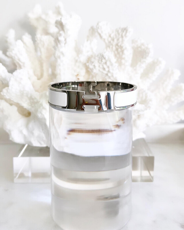 High Quality Titanium White &amp; Silver Luxury H Bangles in Size 16cm (S) &amp; 19cm (M &amp; L)