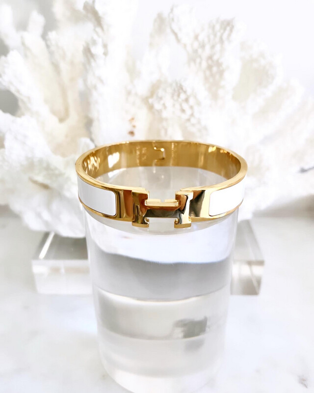 High Quality Titanium White &amp; Gold Luxury H Bangles in Size 16cm (S) &amp; 19cm (M &amp; L)