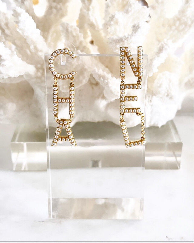 High Quality Stainless Steel Gold Pearl Letter Classic C Drop Earrings 1.2x5.5cm