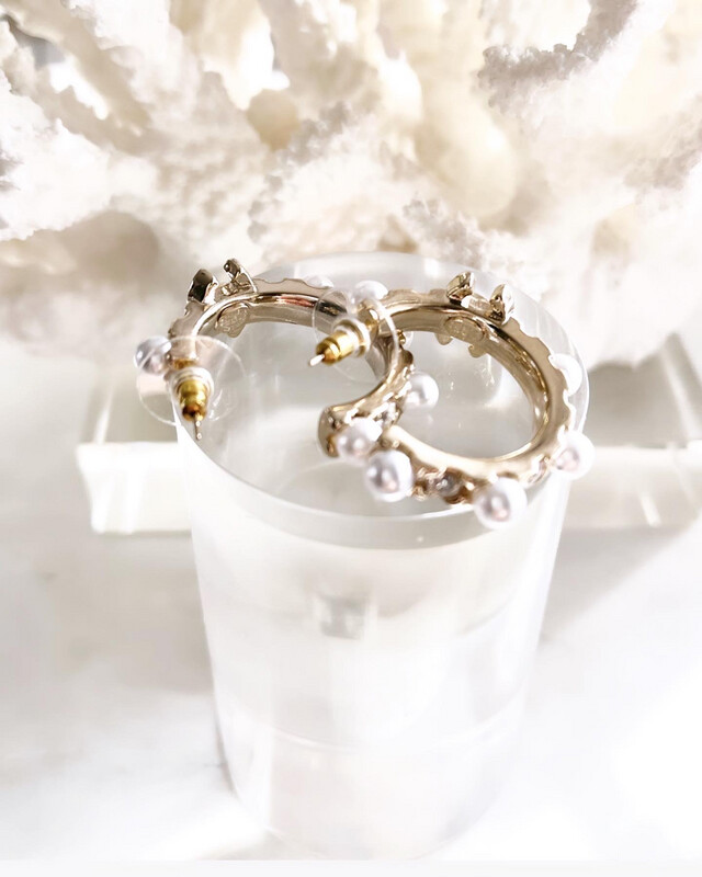 High Quality Gold Classic Diamantés &amp; Pearls C-Hoop Earrings 2.5x2.8cm
