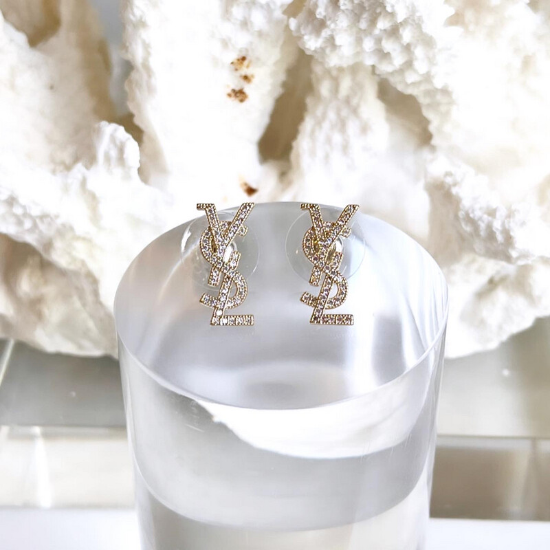 High Quality 18CT Gold 925 Sterling Silver Cubic Zirconia Filled Mini YVES Studs 0.8x1.7cm