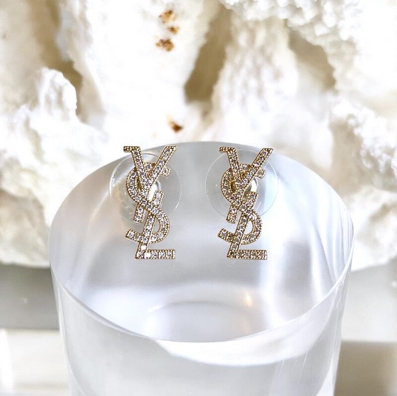 High Quality 18CT Gold 925 Sterling Silver Cubic Zirconia Filled Mini YVES Studs 0.8x1.7cm