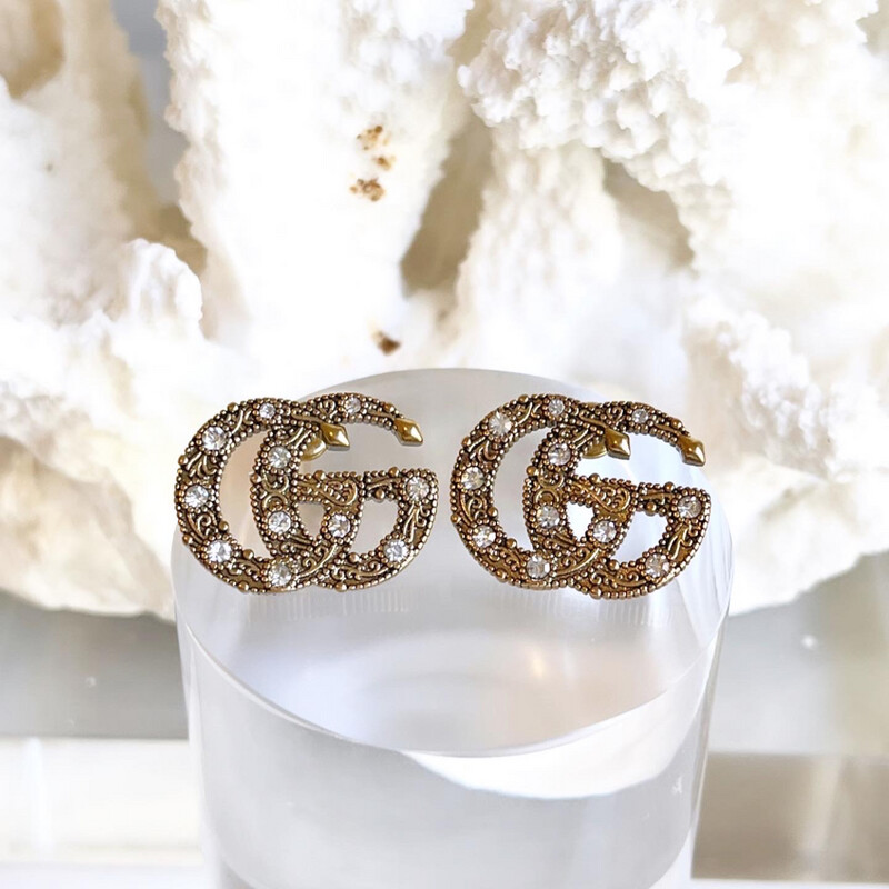 High Quality Antique Gold Surgical Steel With Cubic Zirconia Stud Earrings 1.7x2.2cm