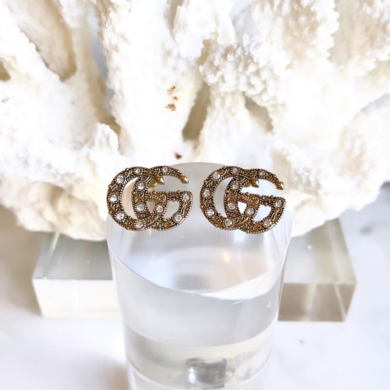 High Quality Antique Gold Surgical Steel With Cubic Zirconia Stud Earrings 1.7x2.2cm