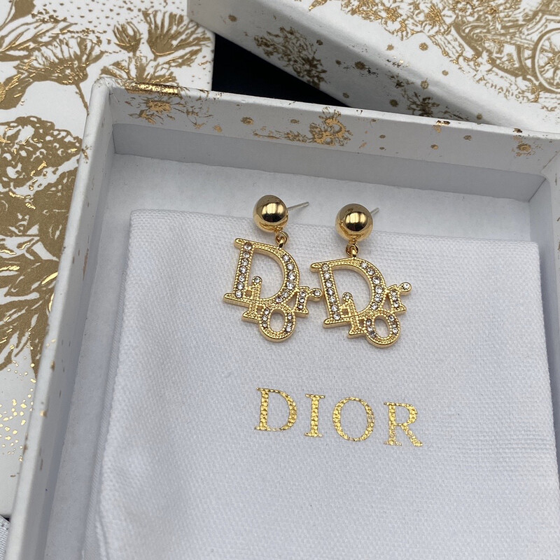 High Quality D10r Gold Crystal Logo Drop Earrings 1.7x2.8cm