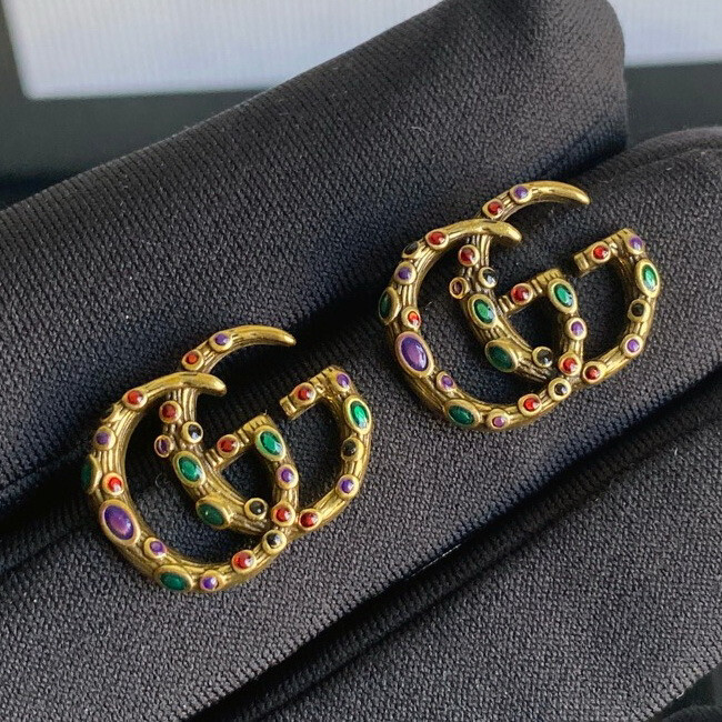 High Quality Surgical Steel Antique Gold Multicolored Gem G-Stud Earrings 1.5x2cm