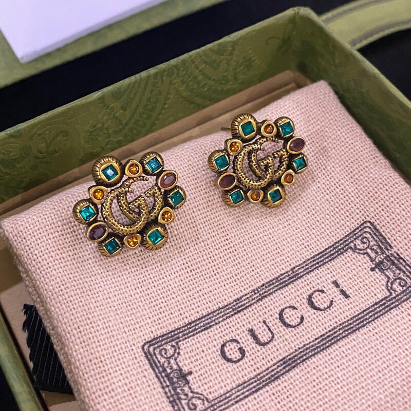 High Quality Surgical Steel Antique Gold Multicolour Gems G-Stud Earrings 1.8x1.8cm