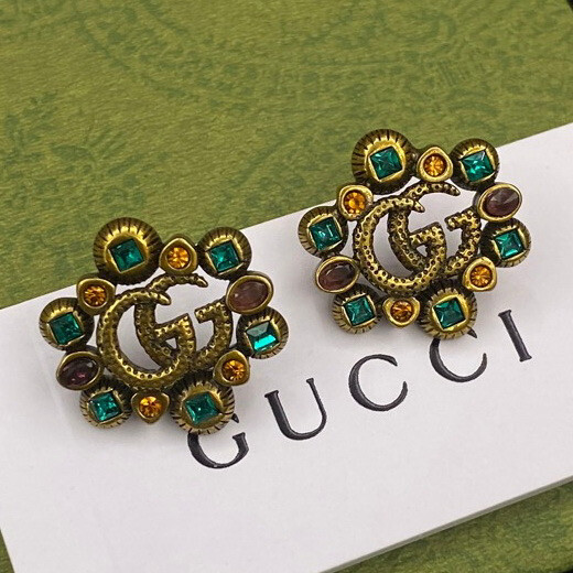 High Quality Surgical Steel Antique Gold Multicolour Gems G-Stud Earrings 1.8x1.8cm