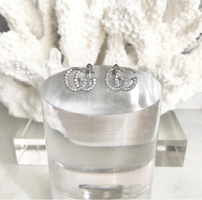 AAA+ High Quality White Gold 925 Sterling Cubic Zirconia filled Double G Stud Earrjngs 1.1x1.5cm