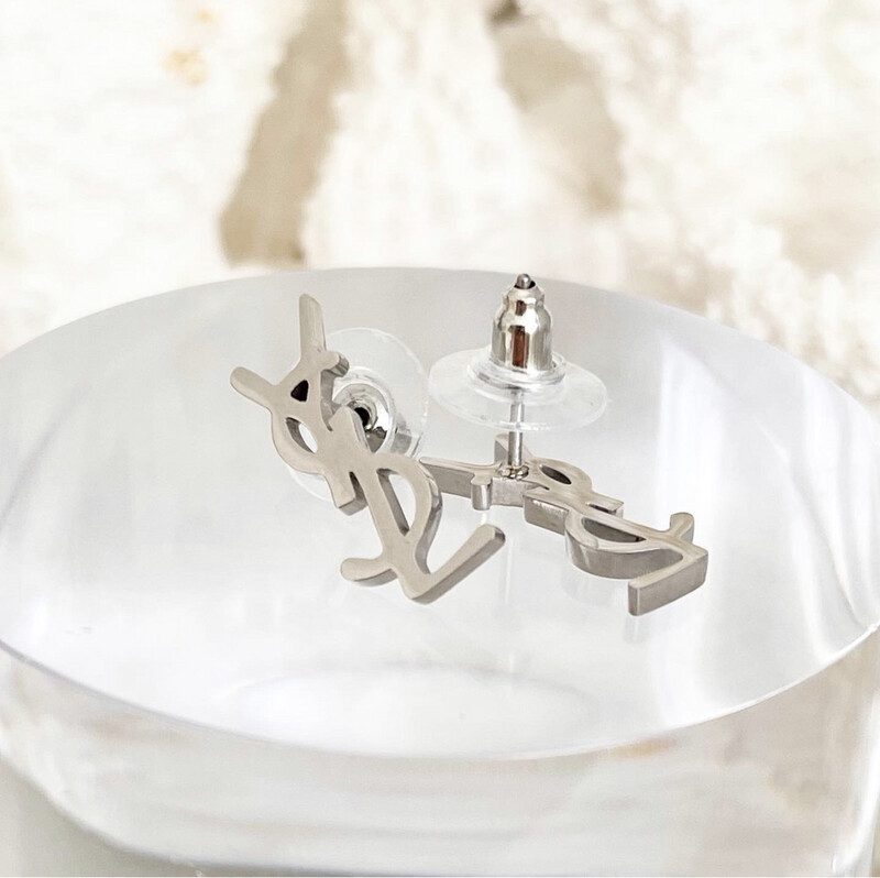 High Quality Small Silver Stainless Steel YVES Stud Earrings 0.7x1.9cm