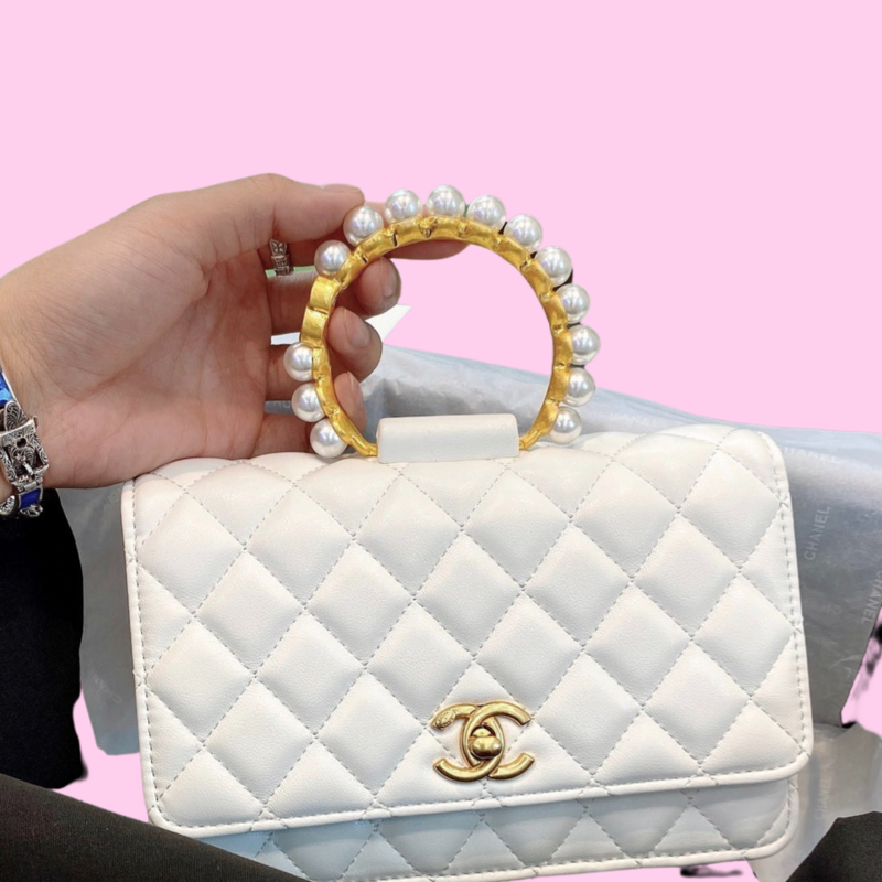 Top Quality Sheepskin Leather Wallet On Chain Pearl Top Handle Bag