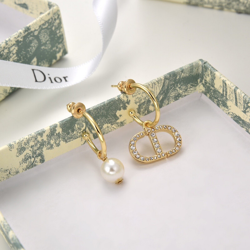 High Quality Gold Petit C Earrings With White Diamantés &amp; Pearls