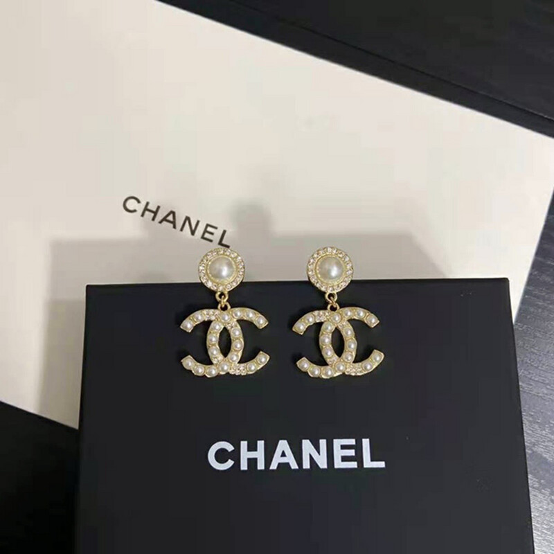High Quality Surgical Steel Gold Classic Pearls &amp; Zircons C-Drop Earrings 2.2x3cm