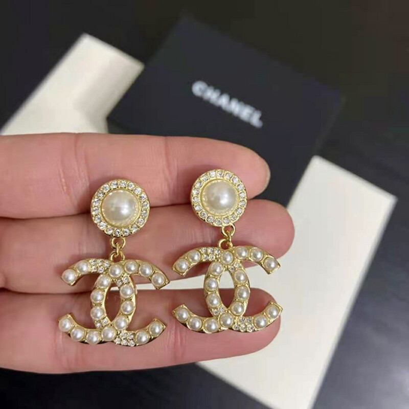 High Quality Surgical Steel Gold Classic Pearls &amp; Zircons C-Drop Earrings 2.2x3cm