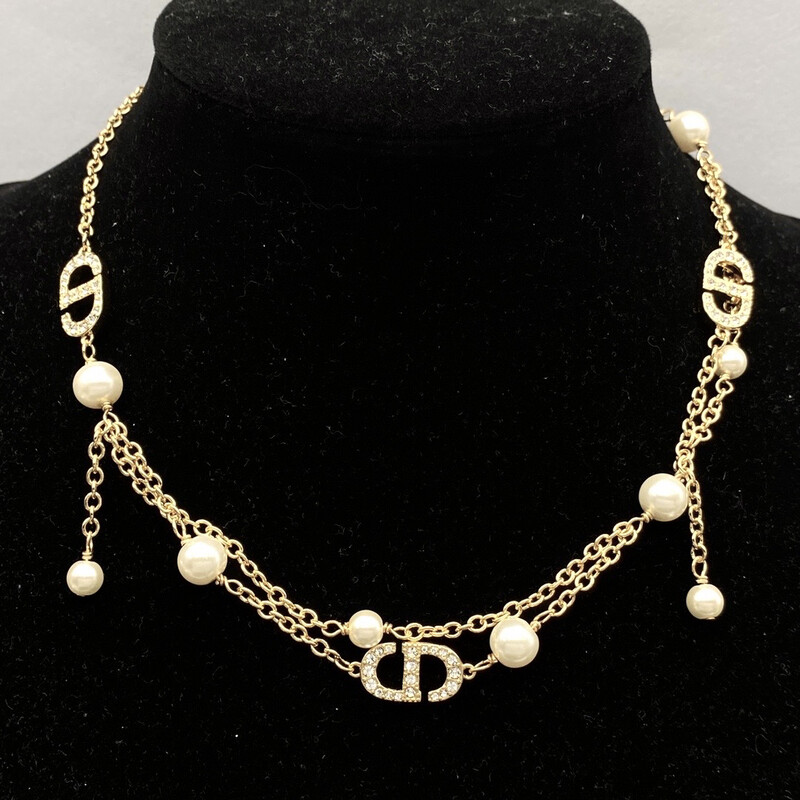 High Quality Pearls Double Gold Chain Petit CD Choker Necklace