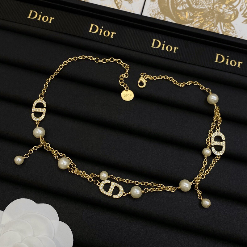 High Quality Pearls Double Gold Chain Petit CD Choker Necklace