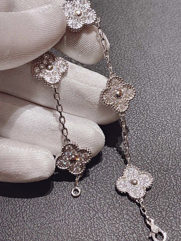 TOP QUALITY AAA+++ 925 Sterling Silver 18CT White Gold Plated With Zircon Diamonds Arpels 5 Motifs Bracelet