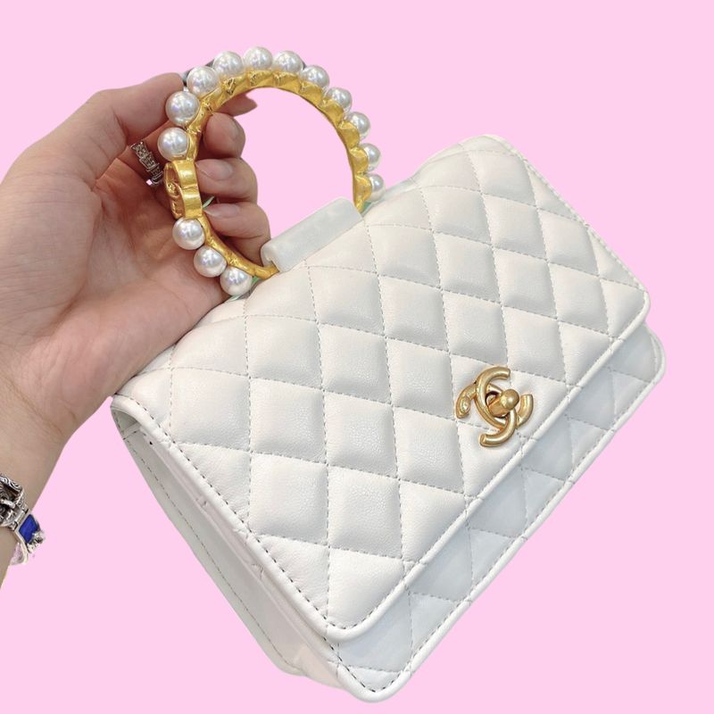 Top Quality Sheepskin Leather Wallet On Chain Pearl Top Handle Bag