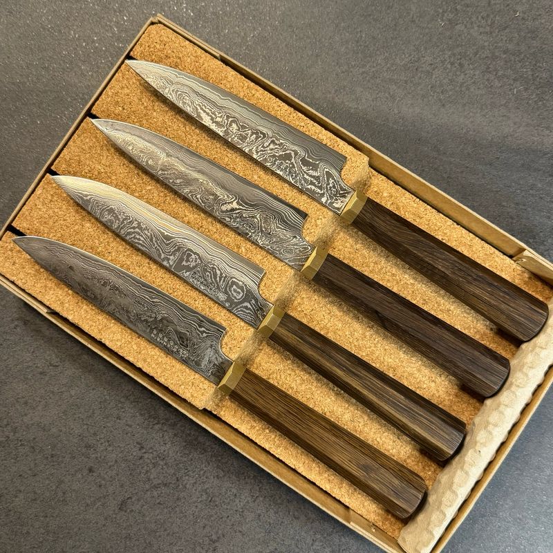 Blenheim Forge Damascus Steak Knives with Oak and Brass handles