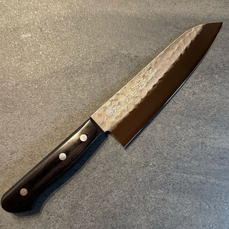 Hitohira Imojiya Kuma Blue #2 Nashiji Tsuchime Santoku 170mm Pakka Handle (No Bolster)