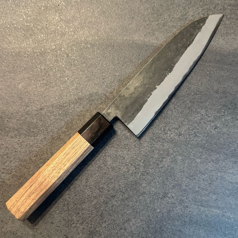 Hitohira Harima Forged Aogami Blue #2 Stainless Clad Kurouchi Santoku walnut handle