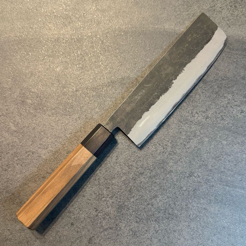 Hitohira Harima Forged Aogami Blue #2 Stainless Clad Kurouchi Nakiri walnut handle