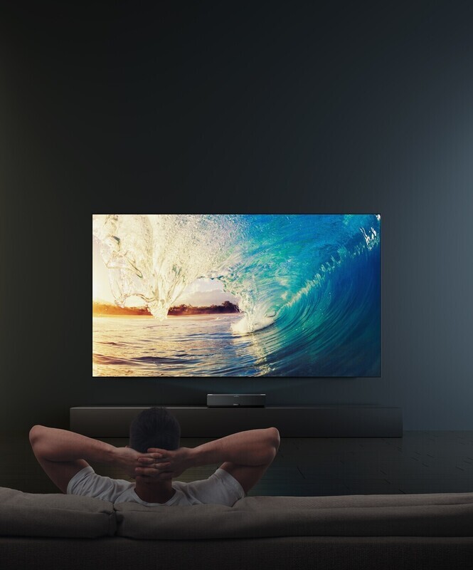 Formovie Theater 4K UST Triple Laser Projector + Vividstorm S Pro 120" Electric Tensioned Floor Screen - Acoustically Transparent Black
