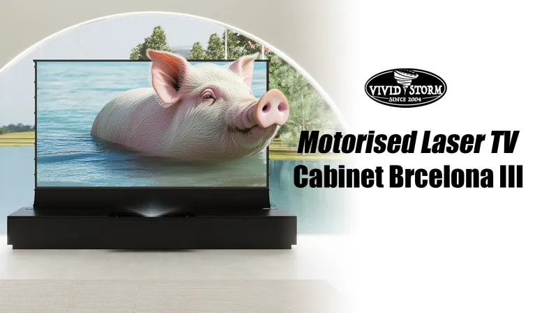 Vividstorm Motorized Laser TV Cabinet Barcelona Mark III (Black) with custom perforated front cover and side drawers + Vividstorm S Pro 120 Vividstorm Motorized Laser TV Cabinet Barcelona Mark III (Black) with custom perforated front cover and side drawers + Vividstorm S Pro 120" Electric tensioned floor screen (Black)
