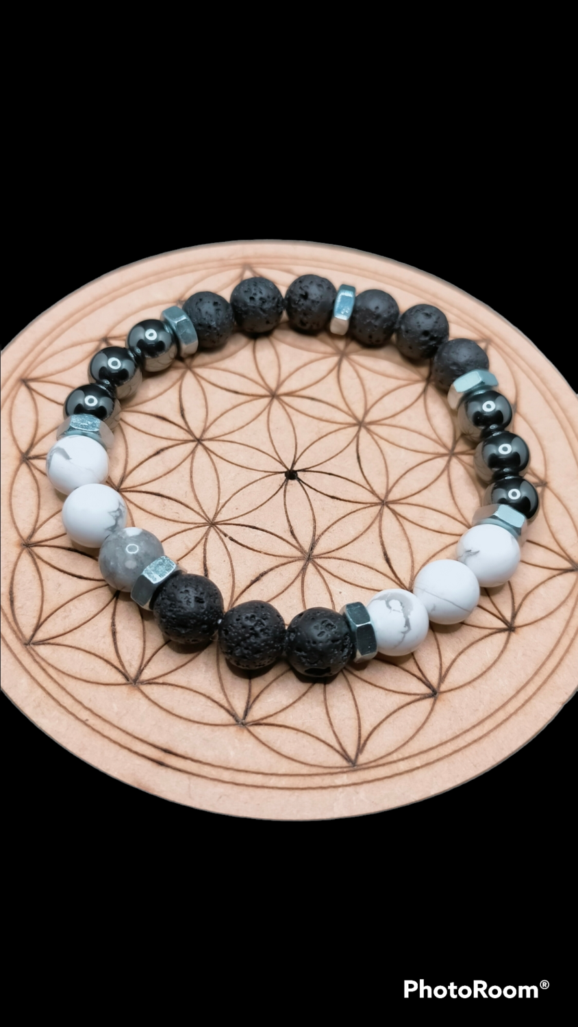 Pierre de Lave &amp; Howlite &amp; Hématite